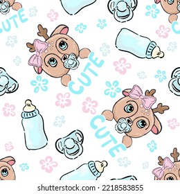 Cute baby deer animal seamless pattern, nursery isolated illustration for children clothing, patterns. Hand drawn image Perfect for phone cases design, nursery