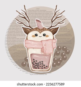 Cute Baby Deer Boba Milktea wearing Scarf for Winter Theme Watercolor Clipart Illustration