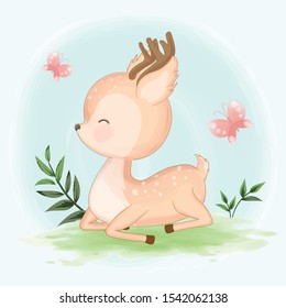 Cute baby deer and butterfly hand drawn animal illustration watercolor background