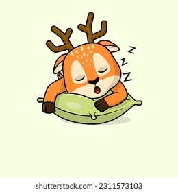 Cute baby deer cartoon sleeping face on pillow flat vector icon illustration. Flat vector illustration, flat icon sticker isolated.