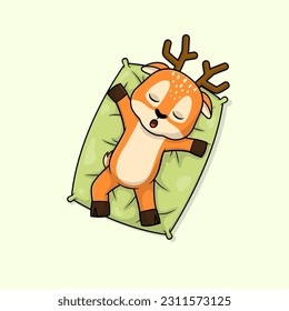 Cute baby deer cartoon sleeping on pillow flat vector icon illustration. Flat vector illustration, flat icon sticker isolated.