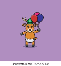 Cute Baby Deer Character Bring Balloons. Character, Mascot, Icon, and Cute Design. Vector and Illustration.