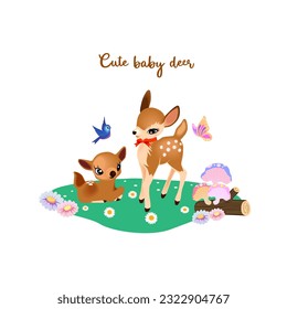 Cute baby deer character set of objects. Collection of design elements with baby deer, plants, flowers.