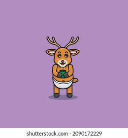 Cute Baby Deer Character With Tea Cup. Character, Mascot, Icon, and Cute Design. Vector and Illustration.