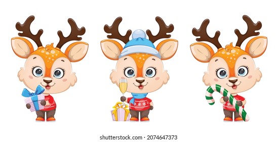 Cute Baby Deer. Cheerful Little Reindeer Cartoon Character, Set Of Three Poses. 