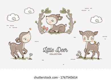 Cute baby deer collection. Cartoon little animal. Forest character. Hand drawn icon doodle design vector illustration.