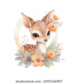 A cute baby deer with flowers, cartoon watercolor white background