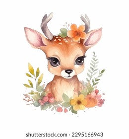 A cute baby deer with flowers, cartoon watercolor white background