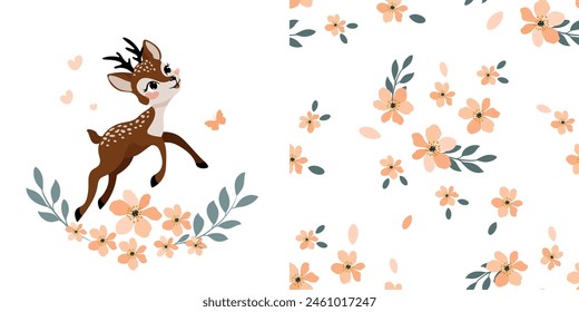 Lindo ciervo bebé con flores y diseño de patrones sin fisuras, dibujado a mano, Ilustración vectorial, ilustraciones para niños estampados, Fondos de pantalla, telas, tarjetas de baby shower, gráficos de camisetas.