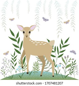 Cute baby deer in the forest. Vector illustration.
