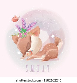 Cute baby deer hand drawn in sweet watercolor style. 