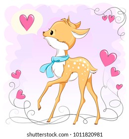 Cute baby deer with hearts. Hand drawn vector cartoon  illustration. It can be used for baby t-shirt design, fashion print, velentines day card, poster, design element for children's clothes