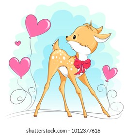 Cute baby deer with hearts. Hand drawn vector cartoon  illustration. It can be used for baby t-shirt design, fashion print, velentines day card, poster, design element for children's clothes
