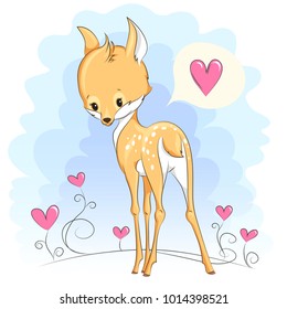 Cute baby deer with hearts. Hand drawn vector cartoon  illustration. It can be used for baby t-shirt design, fashion print, velentines day card, poster, design element for children's clothes