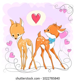 Cute baby deer with hearts. Hand drawn vector cartoon  illustration. It can be used for baby t-shirt design, fashion print, velentines day card, poster, design element for children's clothes