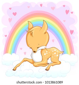 Cute baby deer with hearts and rainbow. Hand drawn vector cartoon  illustration. It can be used for baby t-shirt design, fashion print, velentines day card, design element for children's clothes