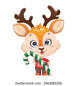 Cute baby deer holding big candy cane. Cheerful little reindeer cartoon character