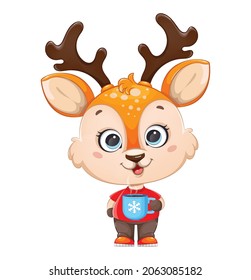 Cute baby deer holding a cup of cocoa. Cheerful little reindeer cartoon character