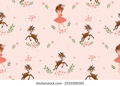 Cute baby deer and lovely girl with flowers, vector illustration, seamless pattern design, artwork for kids prints, wallpapers, fabrics, baby shower cards, tshirt graphics.