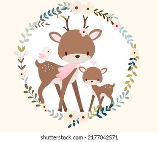 Cute baby deer and mother in flower wreath frame hand drawn vector illustration