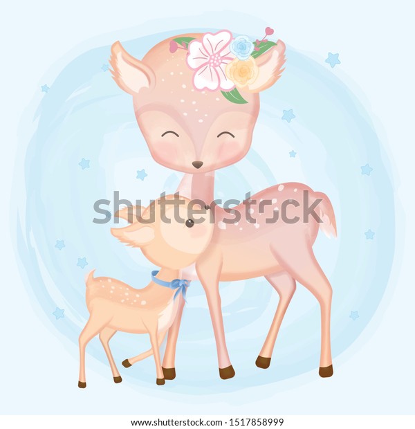 青の背景にかわいい赤ちゃんの鹿と母手描きの動物のイラスト のベクター画像素材 ロイヤリティフリー