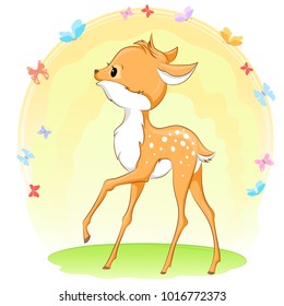 Cute baby deer on a meadow with flowers and butterflies.It can be used for baby t-shirt design, fashion print, greeting card, poster, design element for children's clothes