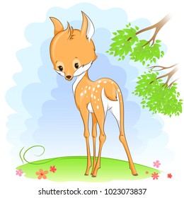 Cute baby deer on a meadow with flowers.It can be used for baby t-shirt design, fashion print, greeting card, poster, design element for children's clothes