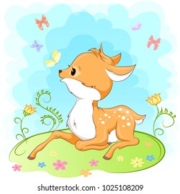 Cute baby deer on a meadow with flowers and butterflies.It can be used for baby t-shirt design, fashion print, greeting card, poster, design element 