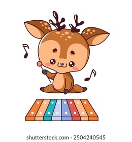 Cute baby deer playing xylophone flat color vector illustration. Kawaii character enjoys making music icon displayed on white background