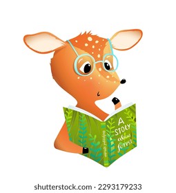 Cute baby deer reading a book or studying, wearing glasses. Learning and education illustration for children. Vector animal character cartoon illustration, isolated clip art for kids and library.