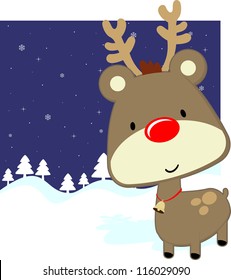 cute baby deer with red nose on winter background, vector format very easy to edit