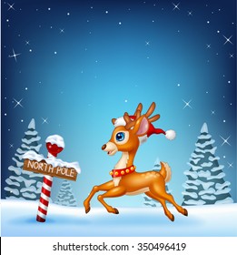 Cute baby deer running with a north pole wooden sign