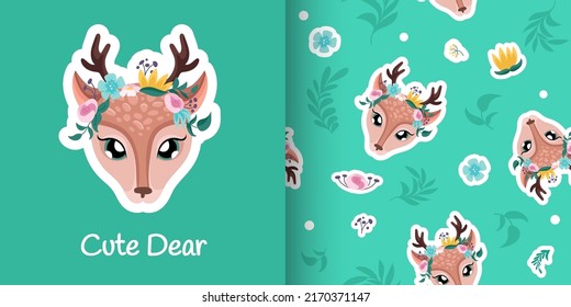Cute baby deer seamless pattern with roses crown, hand drawn flower background. Vector cartoon illustration for nursery, poster, birthday greeting cards, baby shower, textile fabric