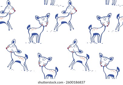 Cute Baby Deer Seamless Pattern Allover Vector Design Premium Quality. Cute Deer Repeat Vector Design, Deer Line Drawing.