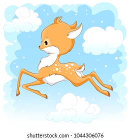 Cute baby deer in the sky. Hand drawn vector cartoon  illustration. It can be used for baby t-shirt design, fashion print, greeting card, poster, design element for children's clothes