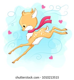 Cute baby deer in the sky with hearts. Hand drawn vector cartoon  illustration. It can be used for baby t-shirt design, fashion print, velentines day card, design element for children's 