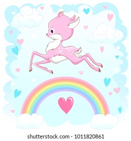 Cute baby deer in the sky with rainbow and hearts.  It can be used for baby t-shirt design, fashion print, velentines day card,  design element for children's clothes