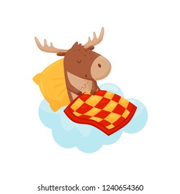 Cute baby deer sleeping on a cloud under blanket, lovely animal cartoon character, good night design element, sweet dreams vector Illustration