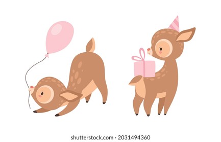 Cute Baby Deer with Spots as Adorable Hoofed Mammal Holding Gift Box and Balloon by String Vector Set