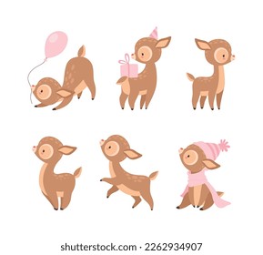 Cute Baby Deer with Spots as Adorable Hoofed Mammal Living in Forest Vector Set