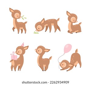 Cute Baby Deer with Spots as Adorable Hoofed Mammal Living in Forest Vector Set