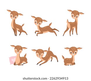 Cute Baby Deer with Spots as Adorable Hoofed Mammal Living in Forest Vector Set