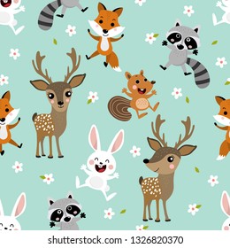 Cute baby deer, squirrel, fox, raccoon, rabbit and flower seamless pattern. Animal wildlife cartoon character vector. Spring season background. 