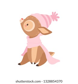 Cute Baby Deer Wearing Pink Knitted Hat And Scarf, Adorable Forest Fawn Animal Vector Illustration