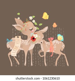 Cute baby deers friends with floral wreaths and tied bows, butterflies and flowers