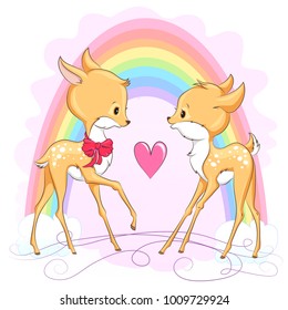 Cute baby deers with heart and rainbow. Vector cartoon  illustration. It can be used for baby t-shirt design, fashion print, velentines day card, design element for children's clothes