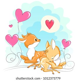 Cute baby deers  with hearts. Hand drawn vector cartoon  illustration. It can be used for baby t-shirt design, fashion print, velentines day card, design element for children's clothes