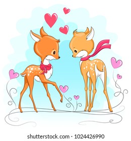 Cute baby deers with hearts. Hand drawn vector cartoon  illustration. For baby t-shirt design, fashion print, velentines day card, design element for children's clothes