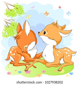 Cute baby deers on a meadow with flowers. Hand drawn vector cartoon  illustration. For baby t-shirt design, fashion print, greeting card, poster, design element for children's clothes