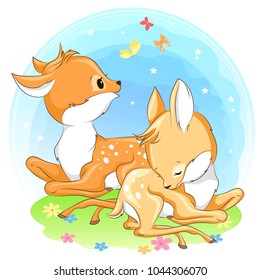 Cute baby deers on a meadow with flowers. Vector cartoon  illustration. It can be used for baby t-shirt design, fashion print, greeting card, design element for children's clothes